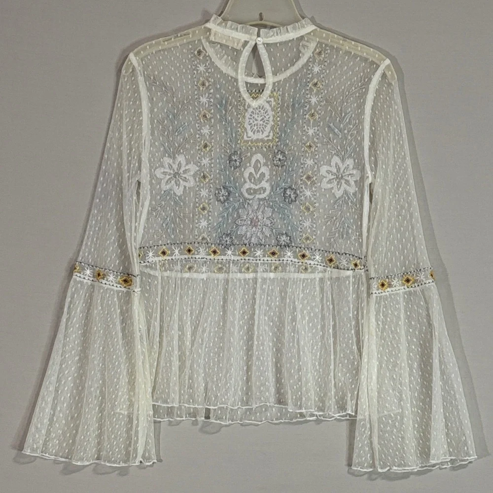 Altar’d State Embroidered Sheer Mesh Blouse Boho Bell Sleeve M